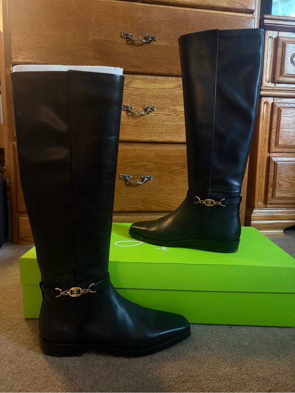 Sam Edelman Black Leather Over-the-Knee Boots with Gold Chain Accent